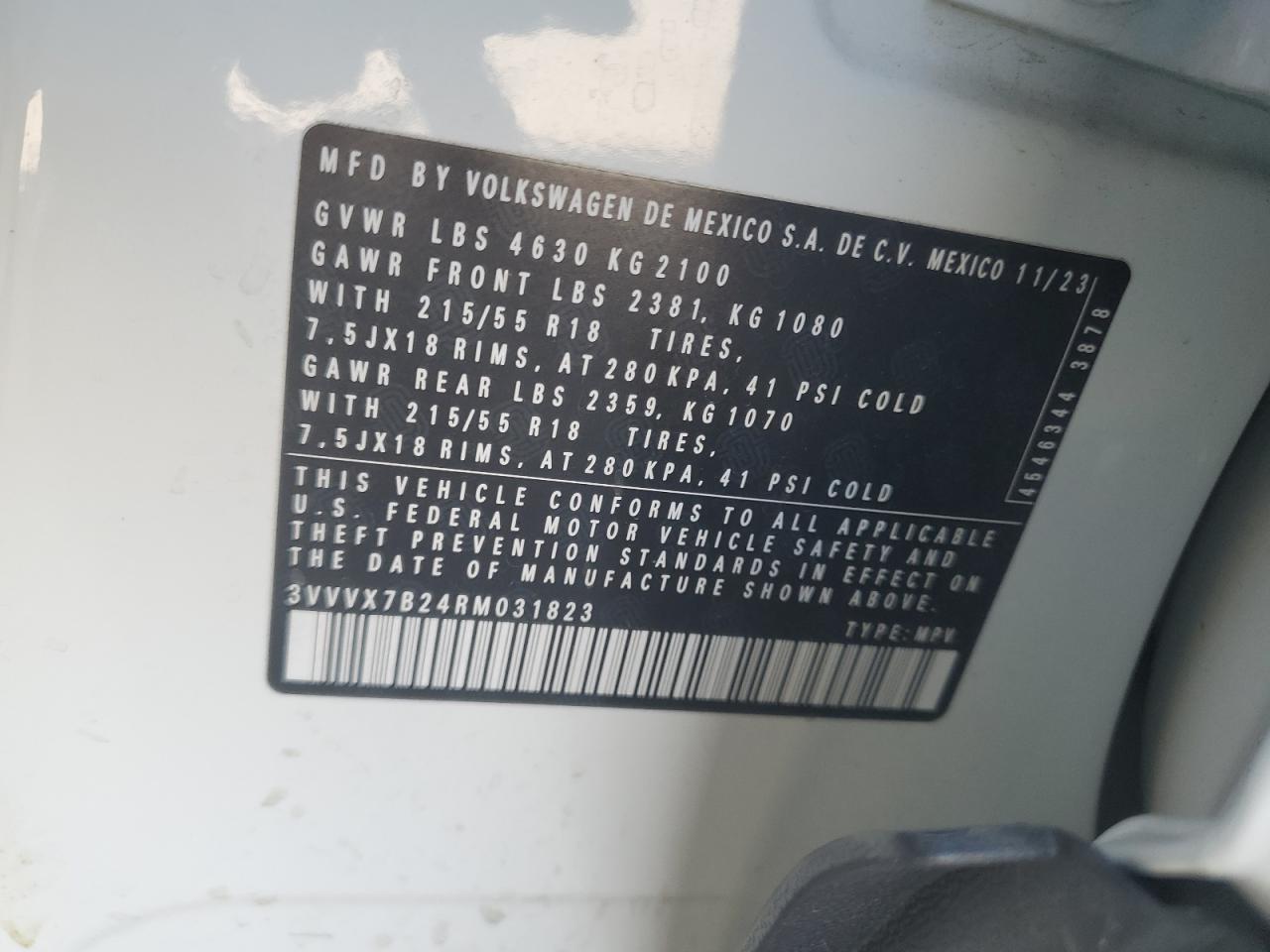 2024 VOLKSWAGEN TAOS SE VIN:3VVVX7B24RM031823