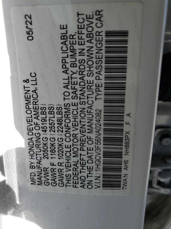 2022 HONDA ACCORD HYBRID EXL VIN:1HGCV3F56NA024082