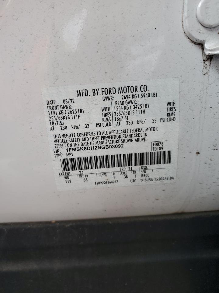 2022 FORD EXPLORER XLT VIN:1FMSK8DH2NGB03092