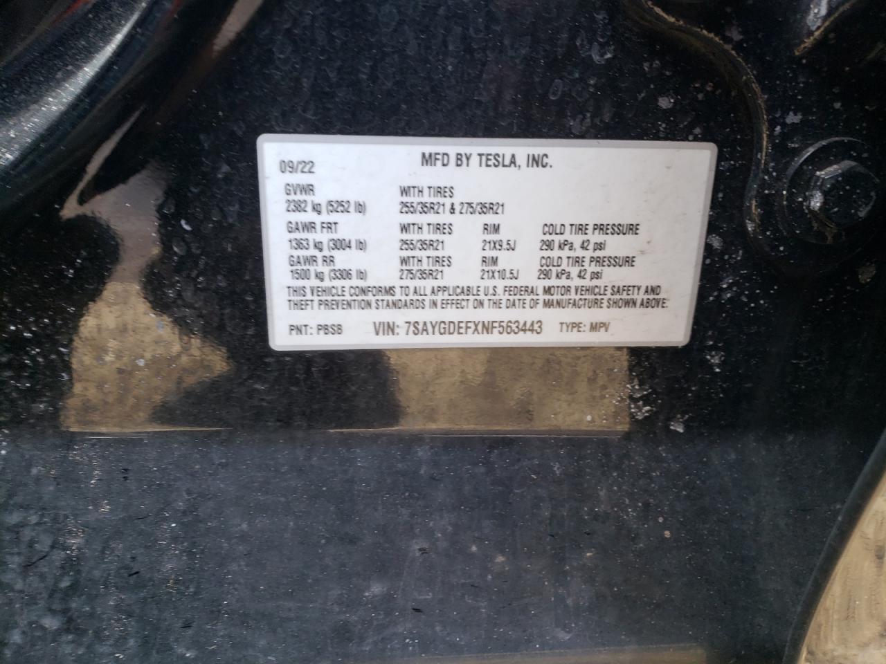 2022 TESLA MODEL Y  VIN:7SAYGDEFXNF563443