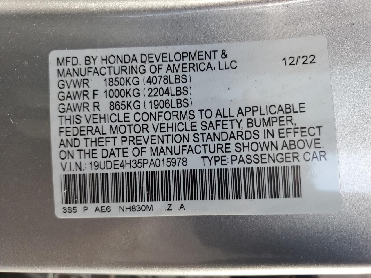 2023 ACURA INTEGRA A-SPEC VIN:19UDE4H35PA015978