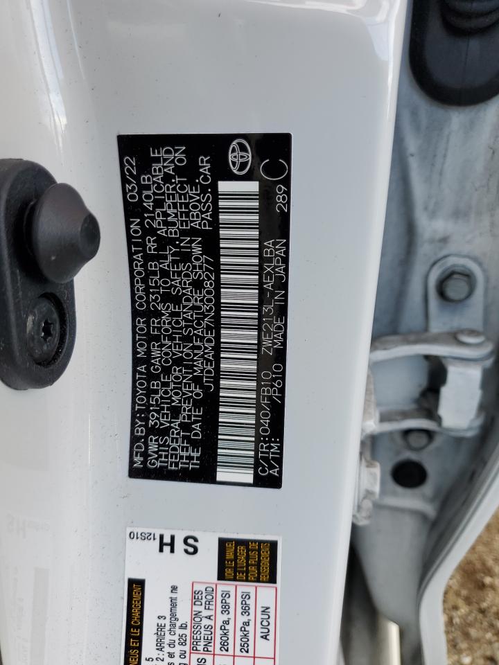 2022 TOYOTA COROLLA LE VIN:JTDEAMDE7N3008277