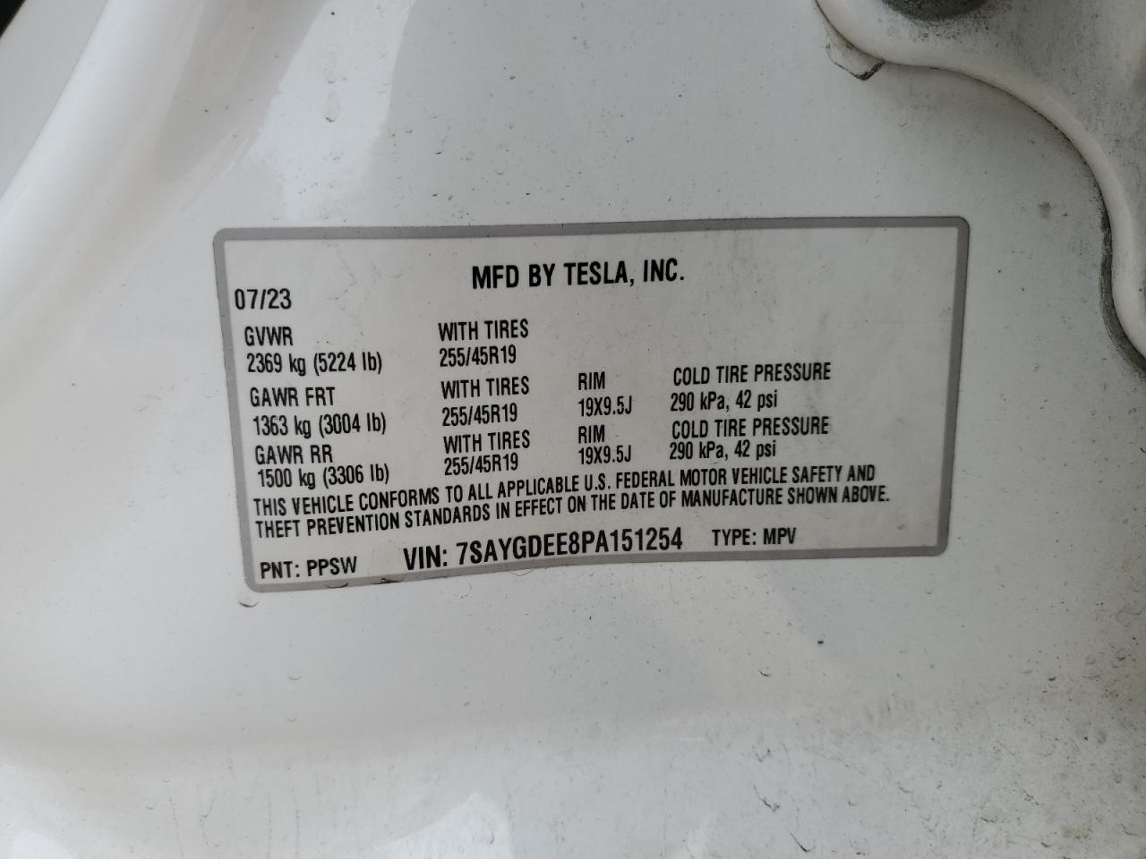 2023 TESLA MODEL Y  VIN:7SAYGDEE8PA151254