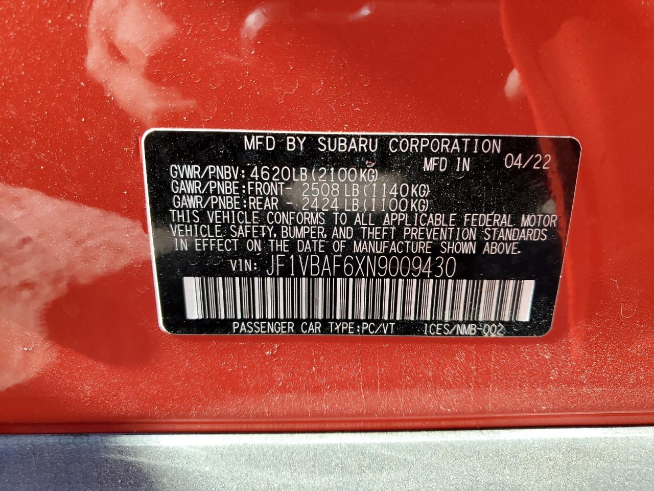 2022 SUBARU WRX PREMIUM VIN:WP1AB29P98LA37275