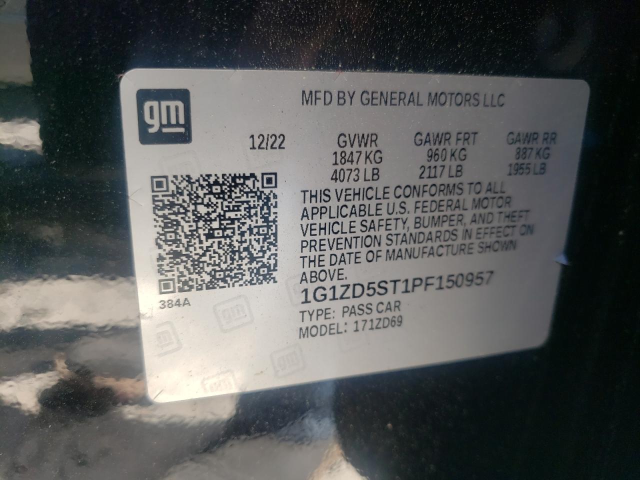 2023 CHEVROLET MALIBU LT VIN:1G1ZD5ST1PF150957