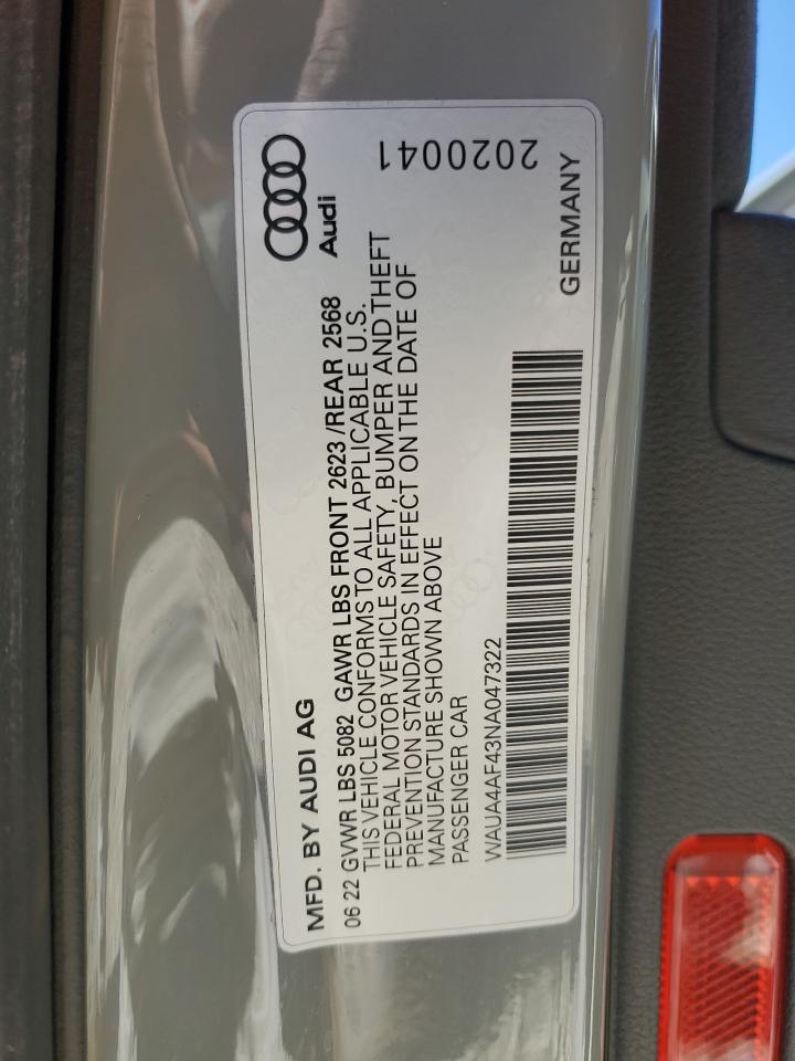 2022 AUDI S4 PREMIUM VIN:WAUA4AF43NA047322