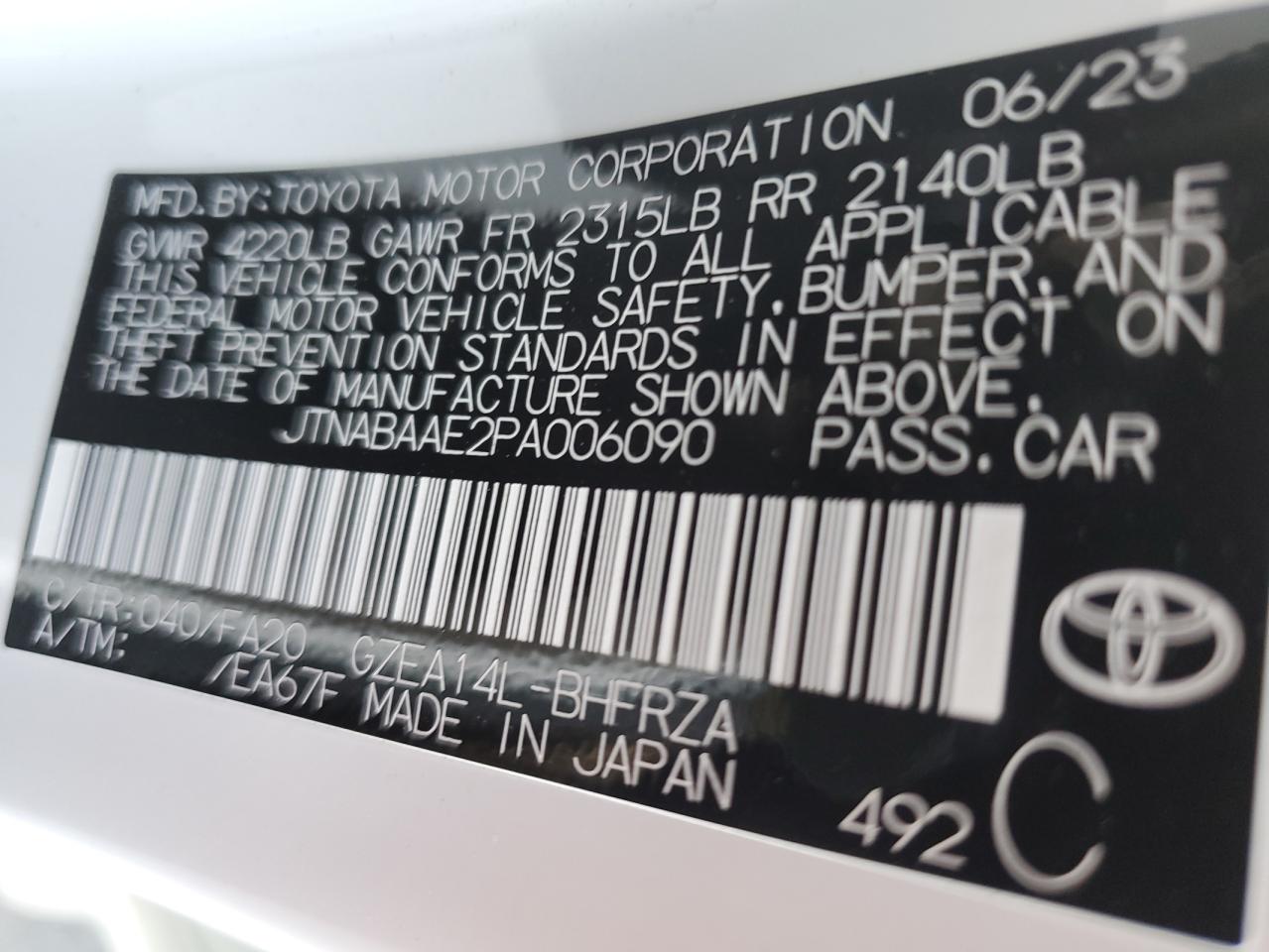 2023 TOYOTA GR COROLLA CORE VIN:JTNABAAE2PA006090