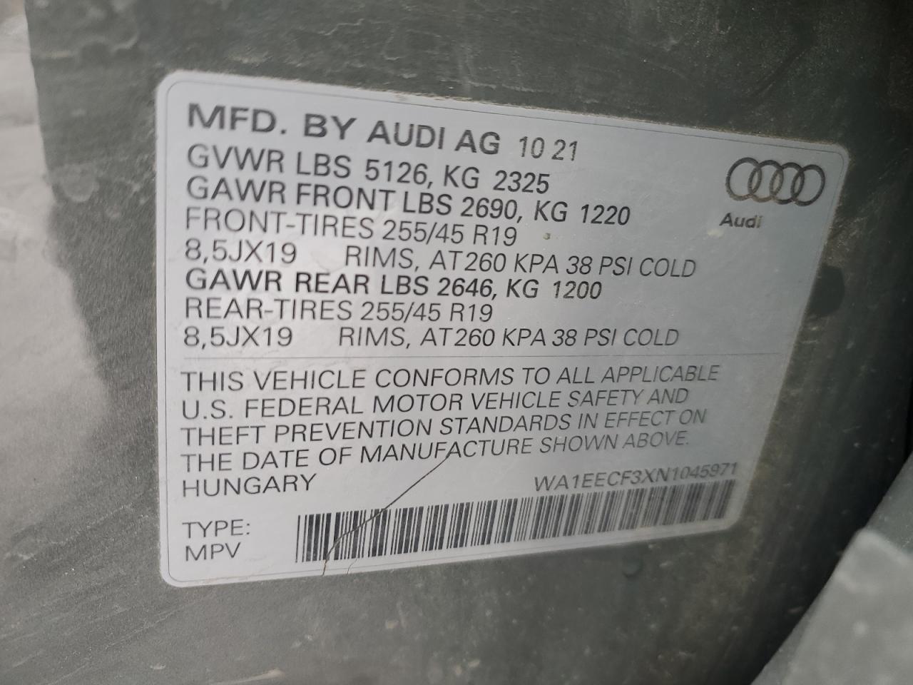 2022 AUDI Q3 PREMIUM PLUS S LINE 45 VIN:WA1EECF3XN1045971