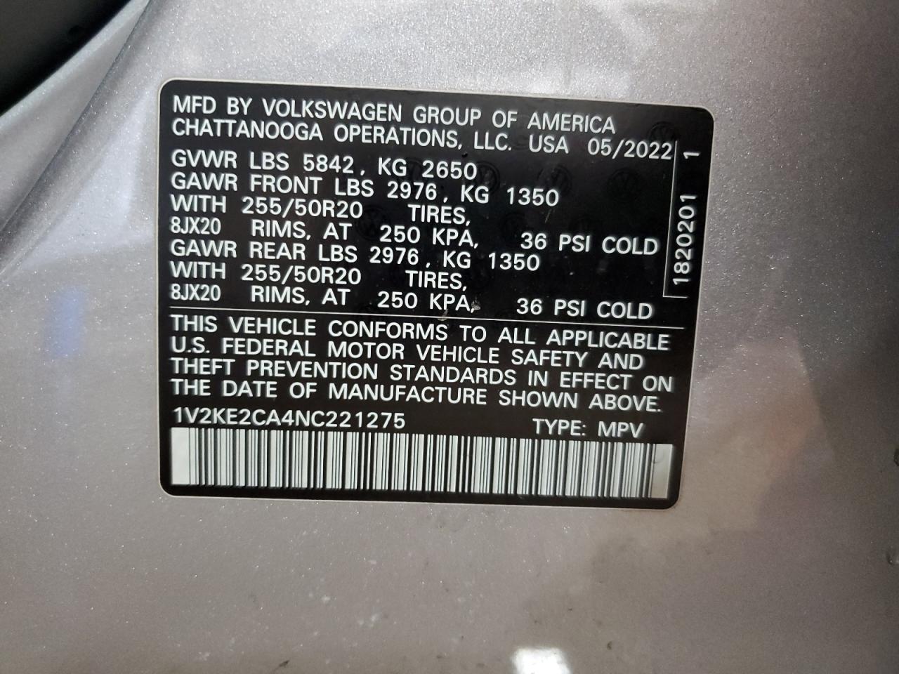 2022 VOLKSWAGEN ATLAS CROSS SPORT SE VIN:1V2KE2CA4NC221275