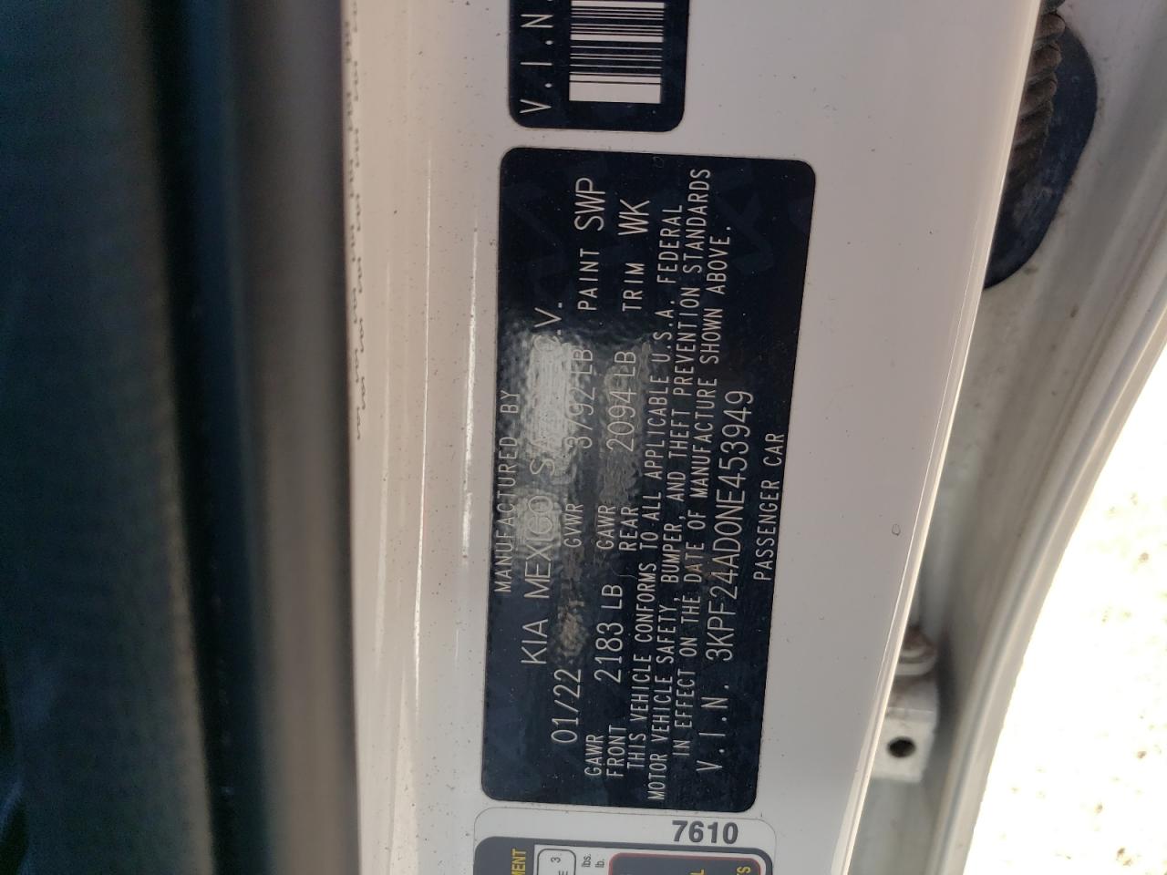 2022 KIA FORTE FE VIN:3KPF24AD0NE453949