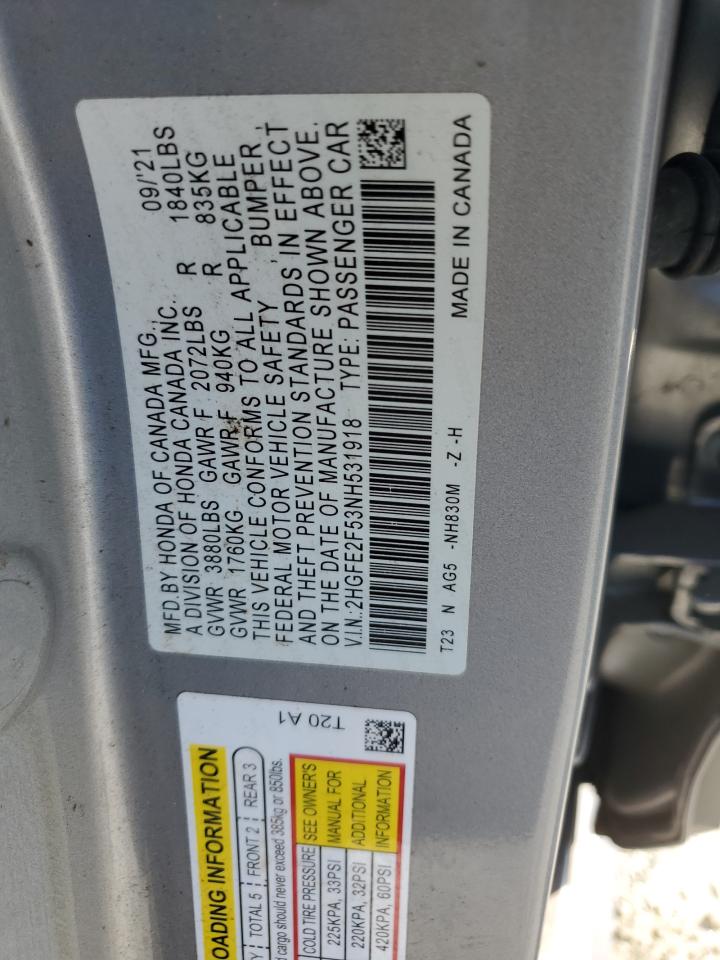 2022 HONDA CIVIC SPORT VIN:2HGFE2F53NH531918