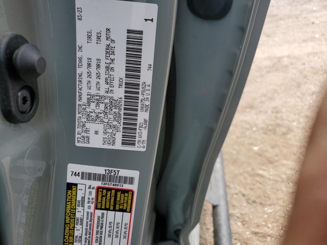 2023 TOYOTA TUNDRA CREWMAX SR VIN:5TFLA5DB8PX092916