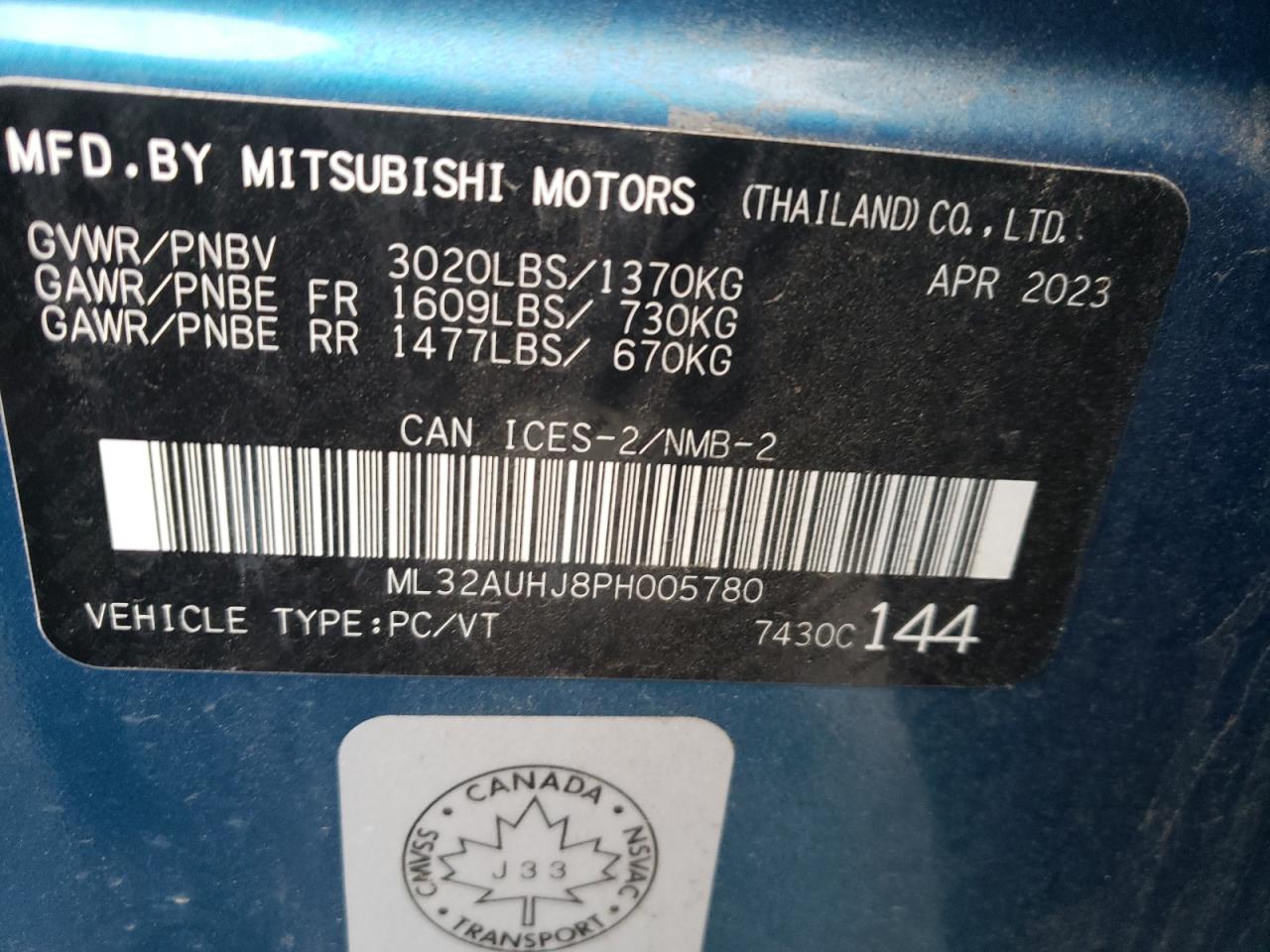 2023 MITSUBISHI MIRAGE ES VIN:ML32AUHJ8PH005780