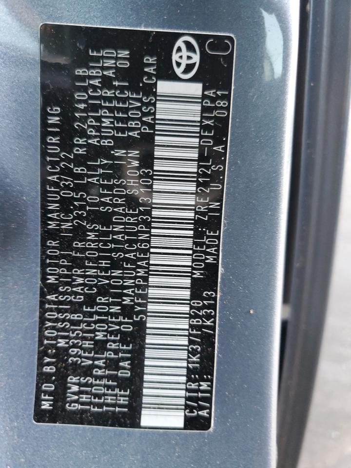 2022 TOYOTA COROLLA LE VIN:5YFEPMAE6NP313103