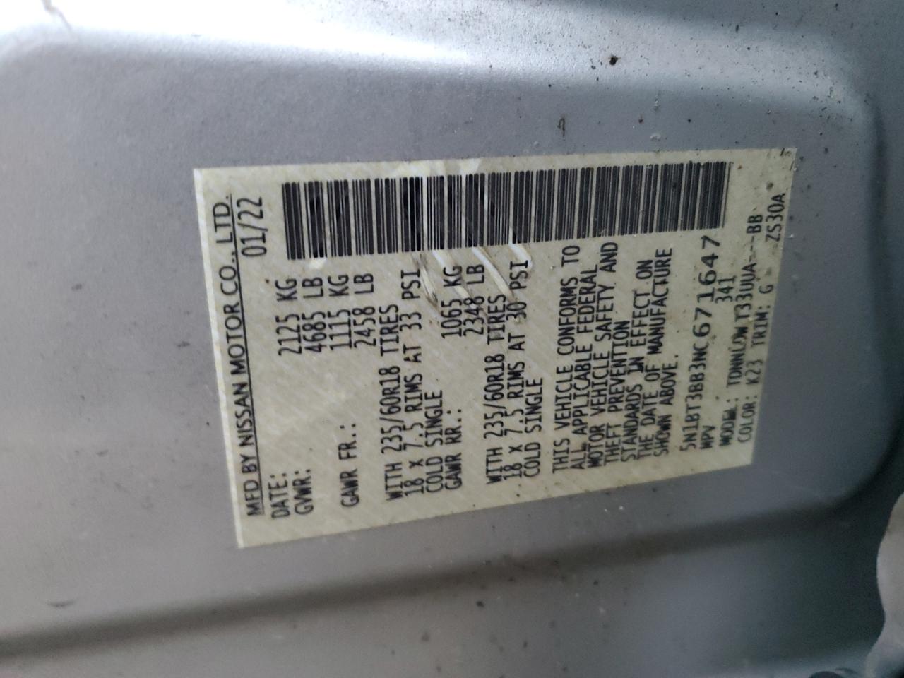 2022 NISSAN ROGUE SV VIN:5N1BT3BB3NC671647