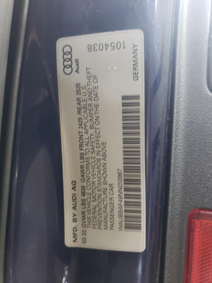 2022 AUDI A4 PREMIUM PLUS 40 VIN:WAUBBAF49NN010987