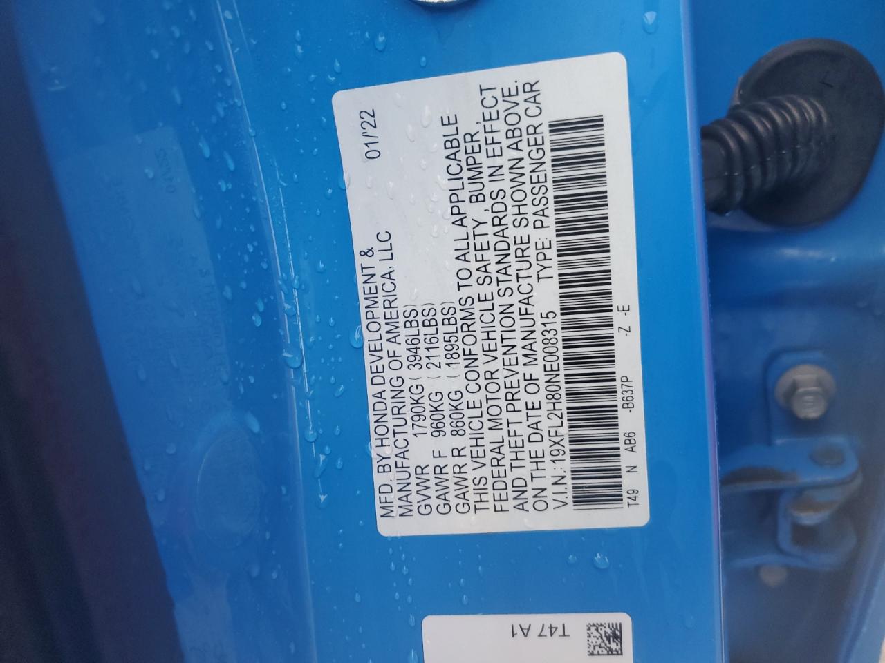 2022 HONDA CIVIC SPORT VIN:19XFL2H80NE008315