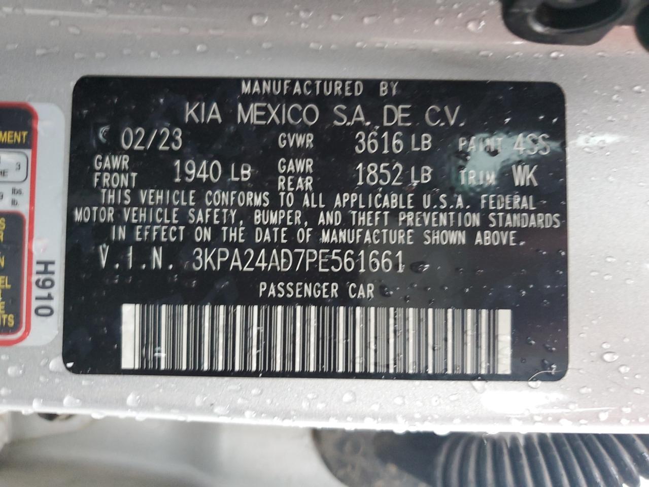 2023 KIA RIO LX VIN:3KPA24AD7PE561661