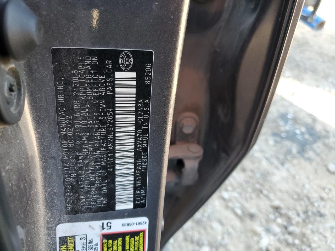 2022 TOYOTA CAMRY LE VIN:4T1C11AK2NU672654