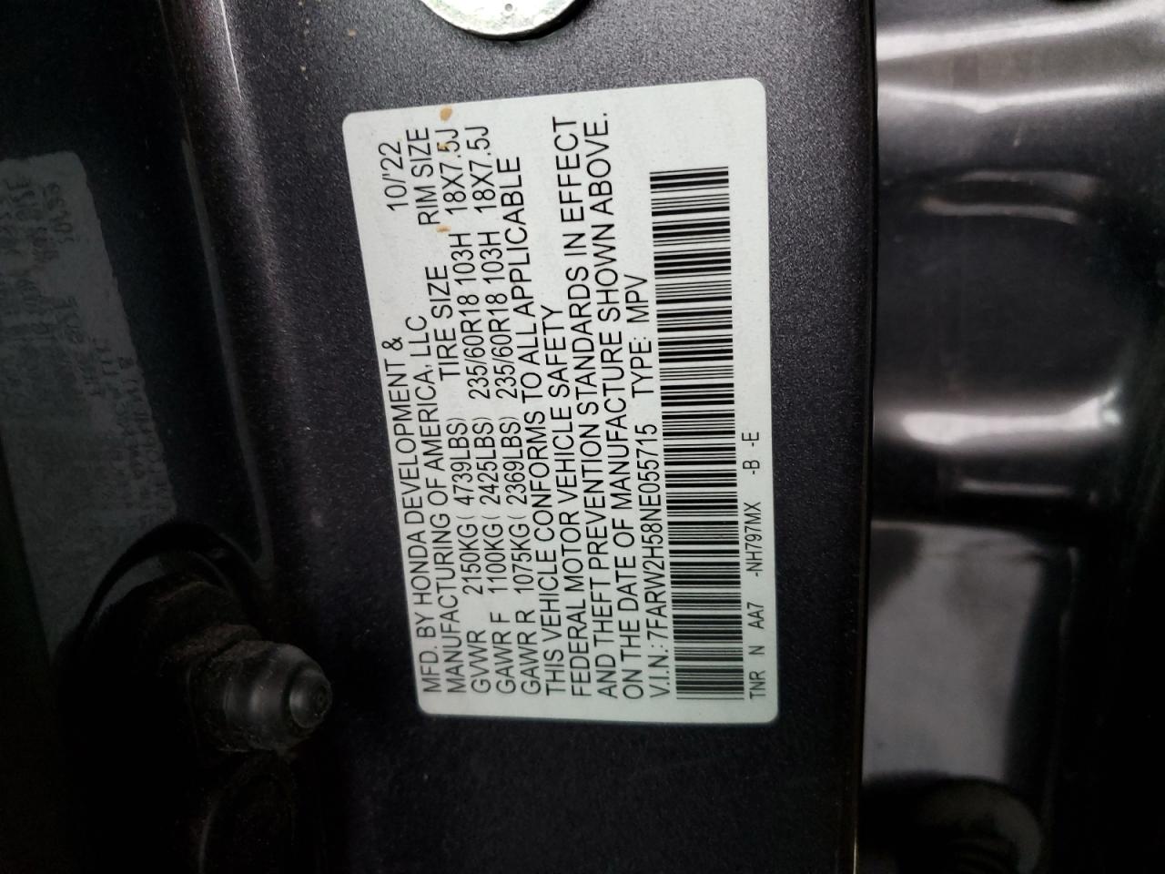 2022 HONDA CR-V EX VIN:4T1BE32K64U791042