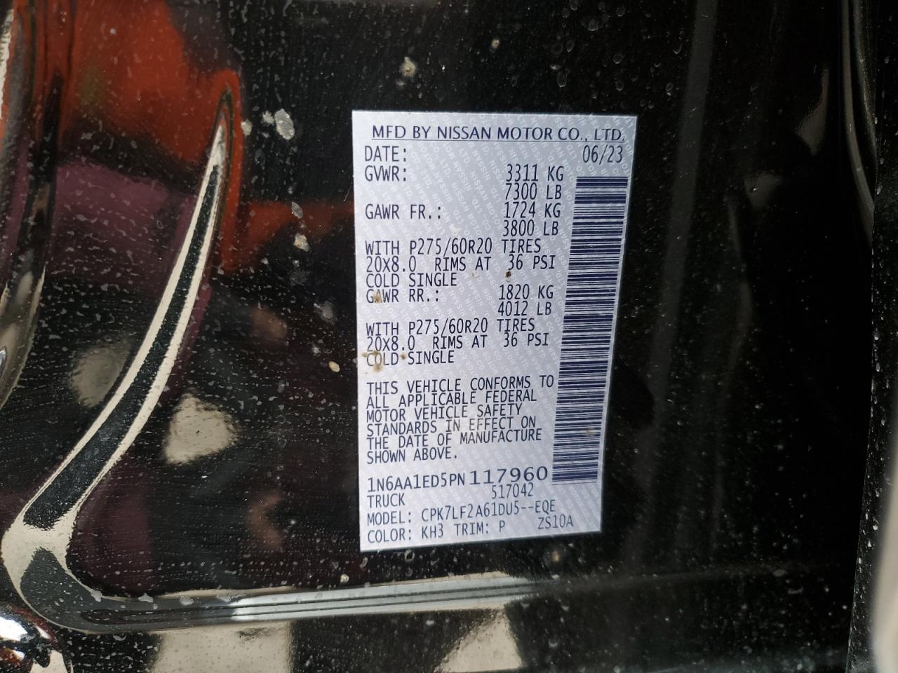 2023 NISSAN TITAN SV VIN:1N6AA1ED5PN117960