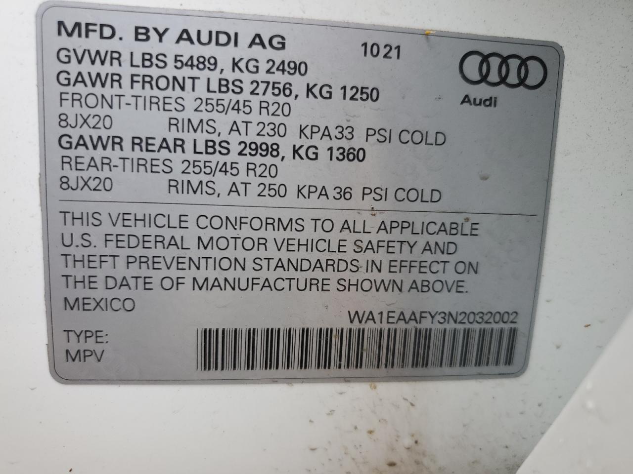 2022 AUDI Q5 PREMIUM PLUS 45 VIN:WA1EAAFY3N2032002