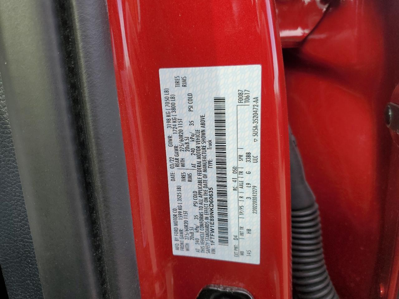 2022 FORD F150 SUPERCREW VIN:1FTFW1E89NKD60635