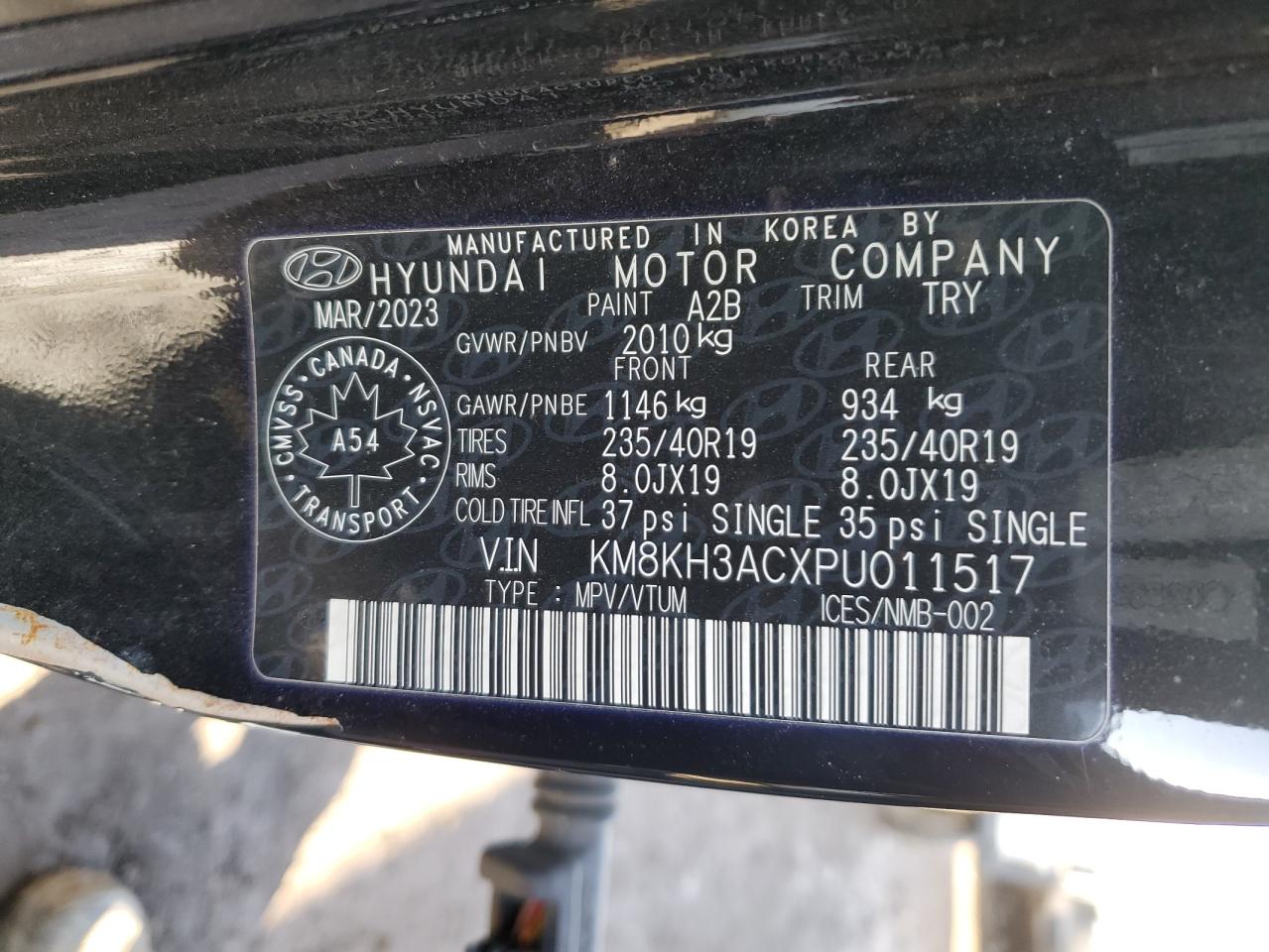 2023 HYUNDAI KONA N BASE VIN:KM8KH3ACXPU011517