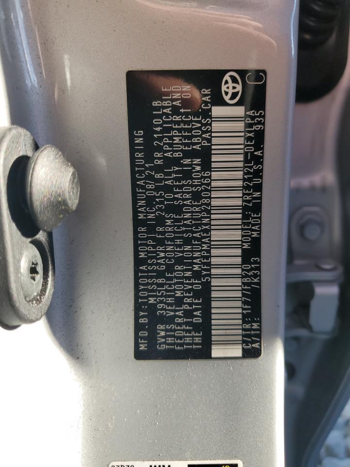 2022 TOYOTA COROLLA LE VIN:5YFEPMAEXNP280266