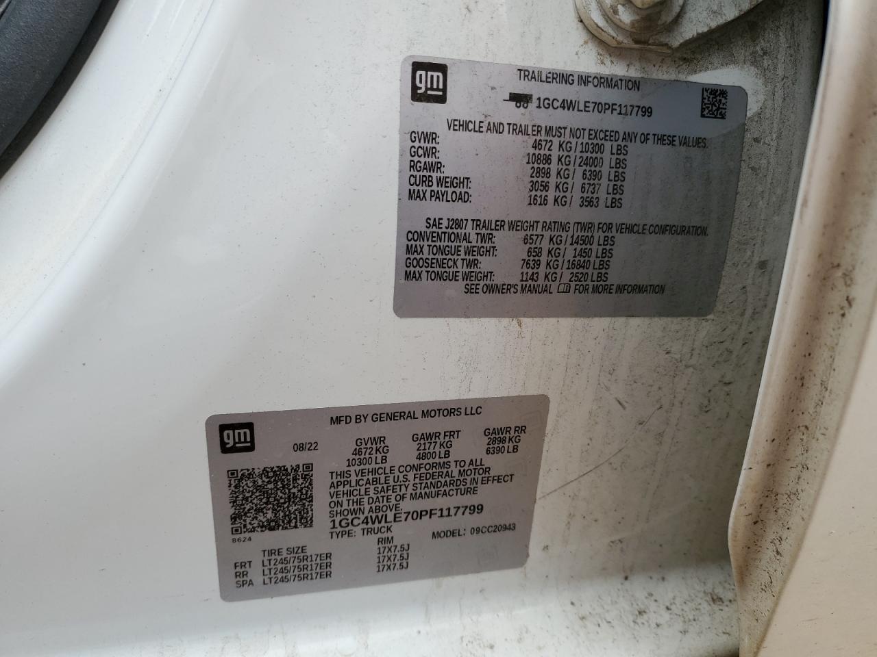 2023 CHEVROLET SILVERADO C2500 HEAVY DUTY VIN:1GC4WLE70PF117799