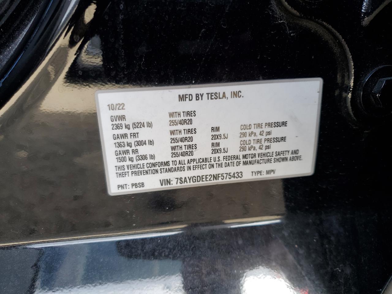 2022 TESLA MODEL Y  VIN:7SAYGDEE2NF575433