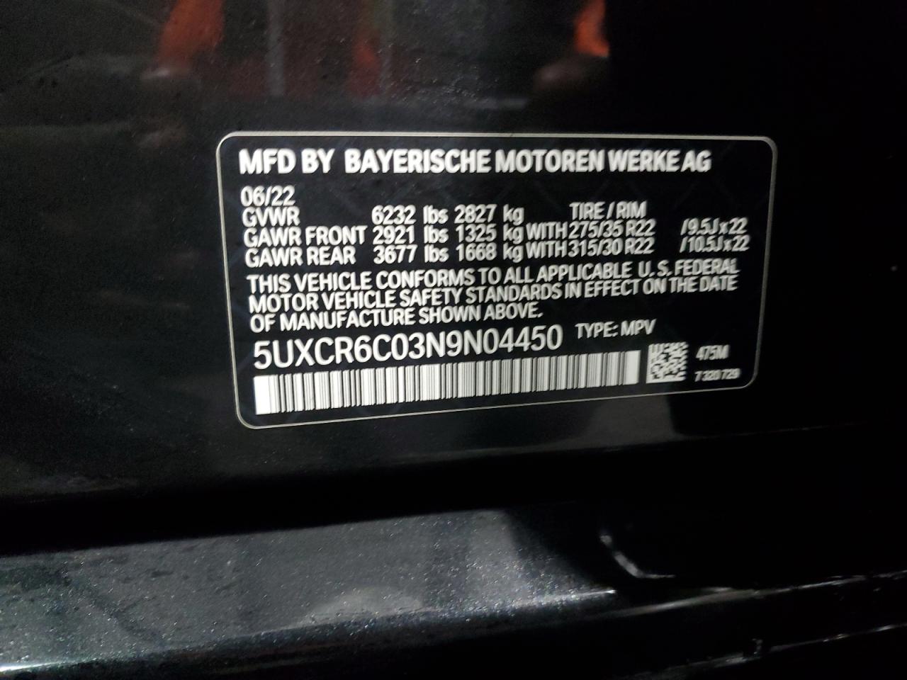 2022 BMW X5 XDRIVE40I VIN:5UXCR6C03N9N04450