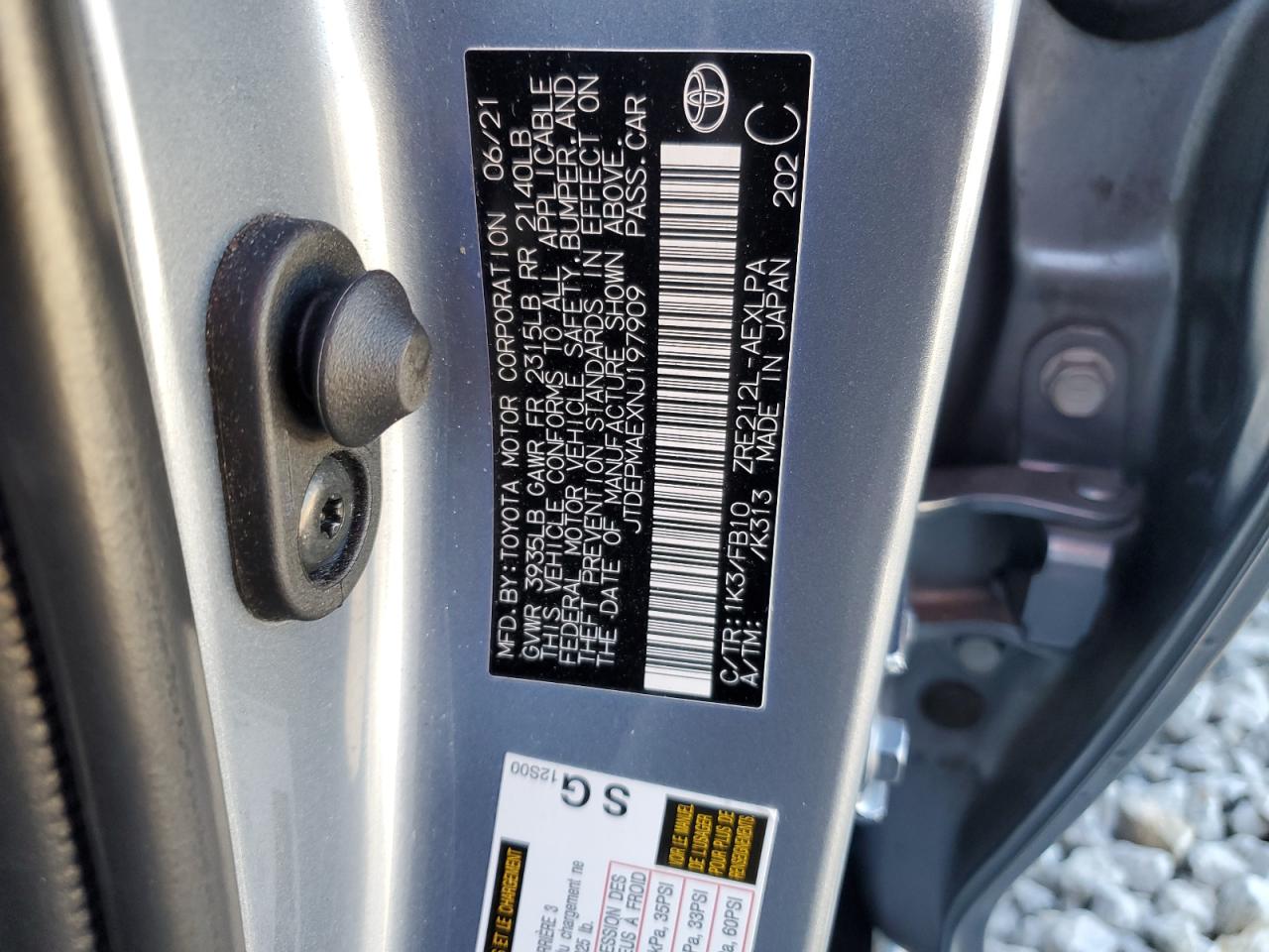 2022 TOYOTA COROLLA LE VIN:JTDEPMAEXNJ197909