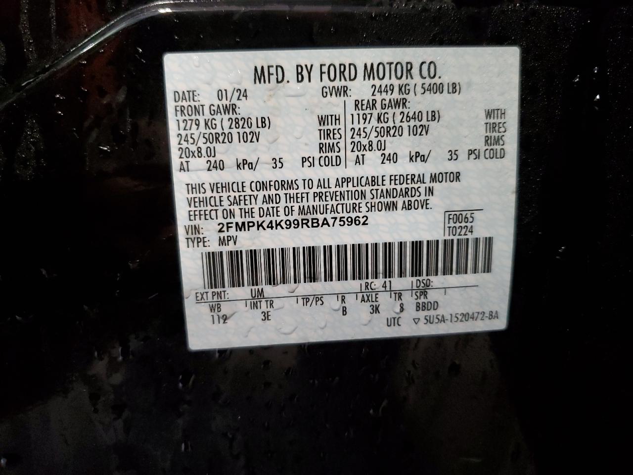 2024 FORD EDGE TITANIUM VIN:2FMPK4K99RBA75962