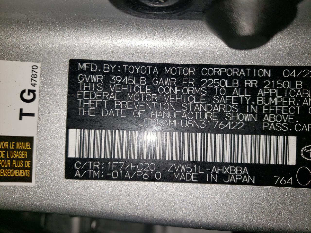 2022 TOYOTA PRIUS NIGHT SHADE VIN:JTDKAMFU8N3176422