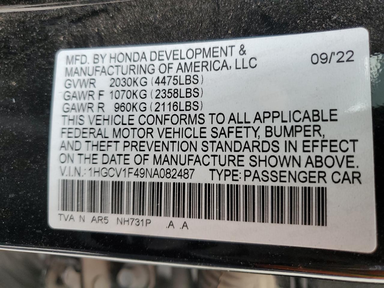 2022 HONDA ACCORD SPORT SE VIN:1HGCV1F49NA082487