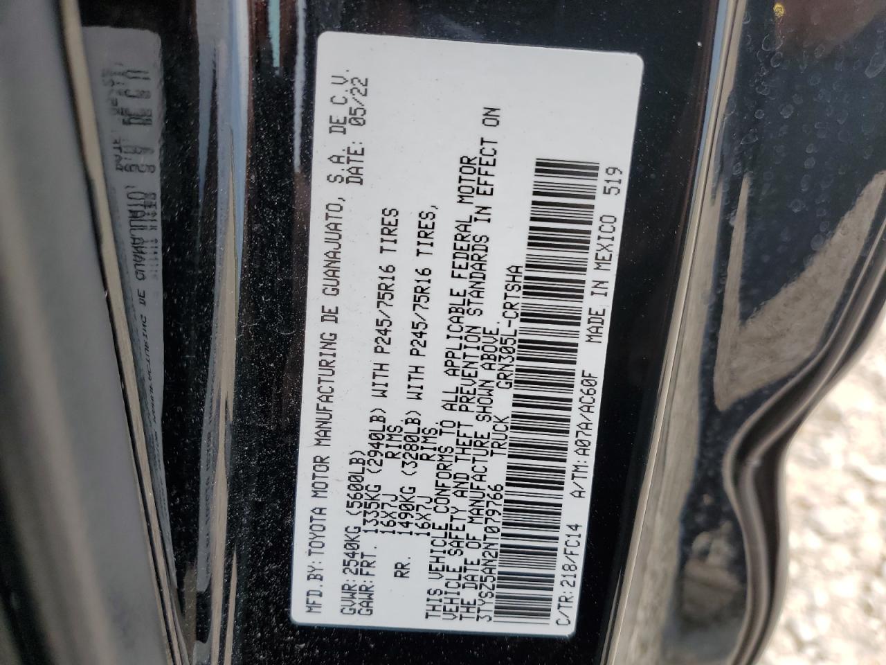 2022 TOYOTA TACOMA ACCESS CAB VIN:3TYSZ5AN2NT079766