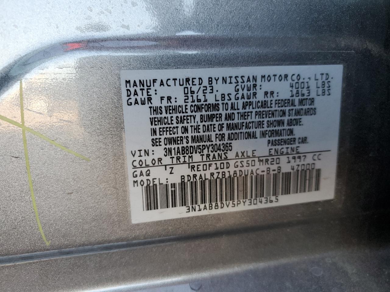 2023 NISSAN SENTRA SR VIN:3N1AB8DV5PY304365