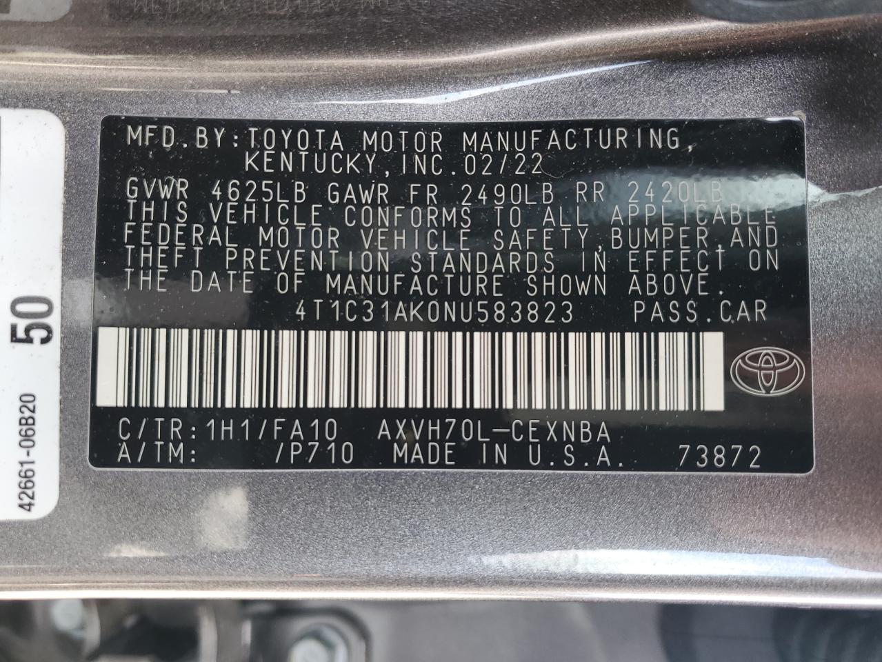 2022 TOYOTA CAMRY LE VIN:4T1C31AK0NU583823