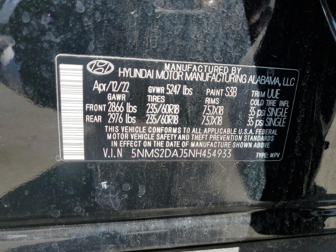 2022 HYUNDAI SANTA FE SEL VIN:5NMS2DAJ5NH454933