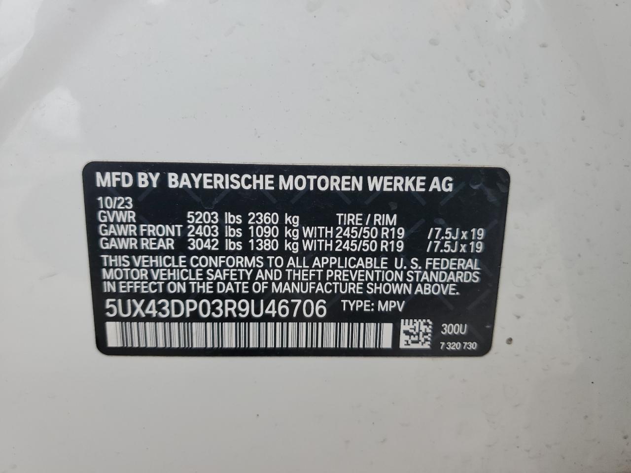 2024 BMW X3 SDRIVE30I VIN:5UX43DP03R9U46706