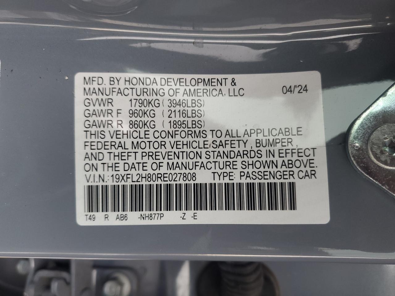 2024 HONDA CIVIC SPORT VIN:19XFL2H80RE027808