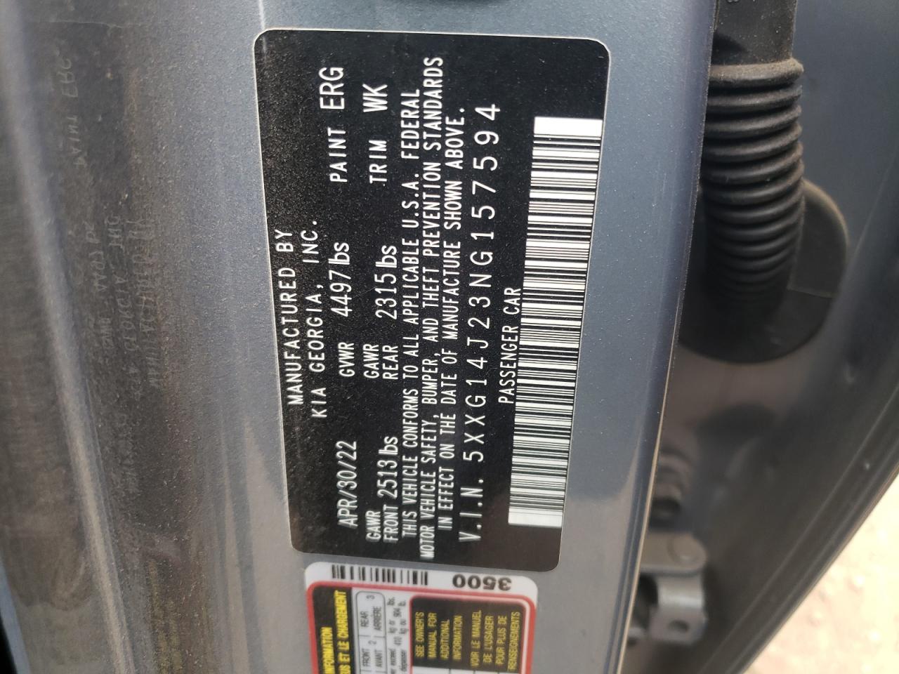 2022 KIA K5 LXS VIN:5XXG14J23NG157594