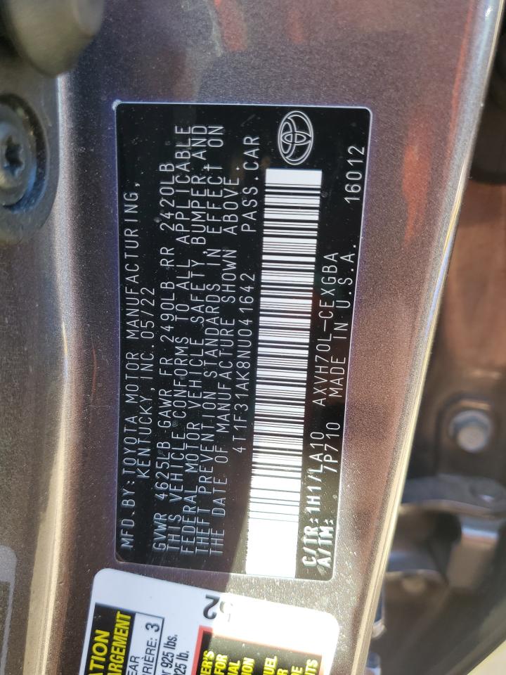 2022 TOYOTA CAMRY XLE VIN:4T1F31AK8NU041642