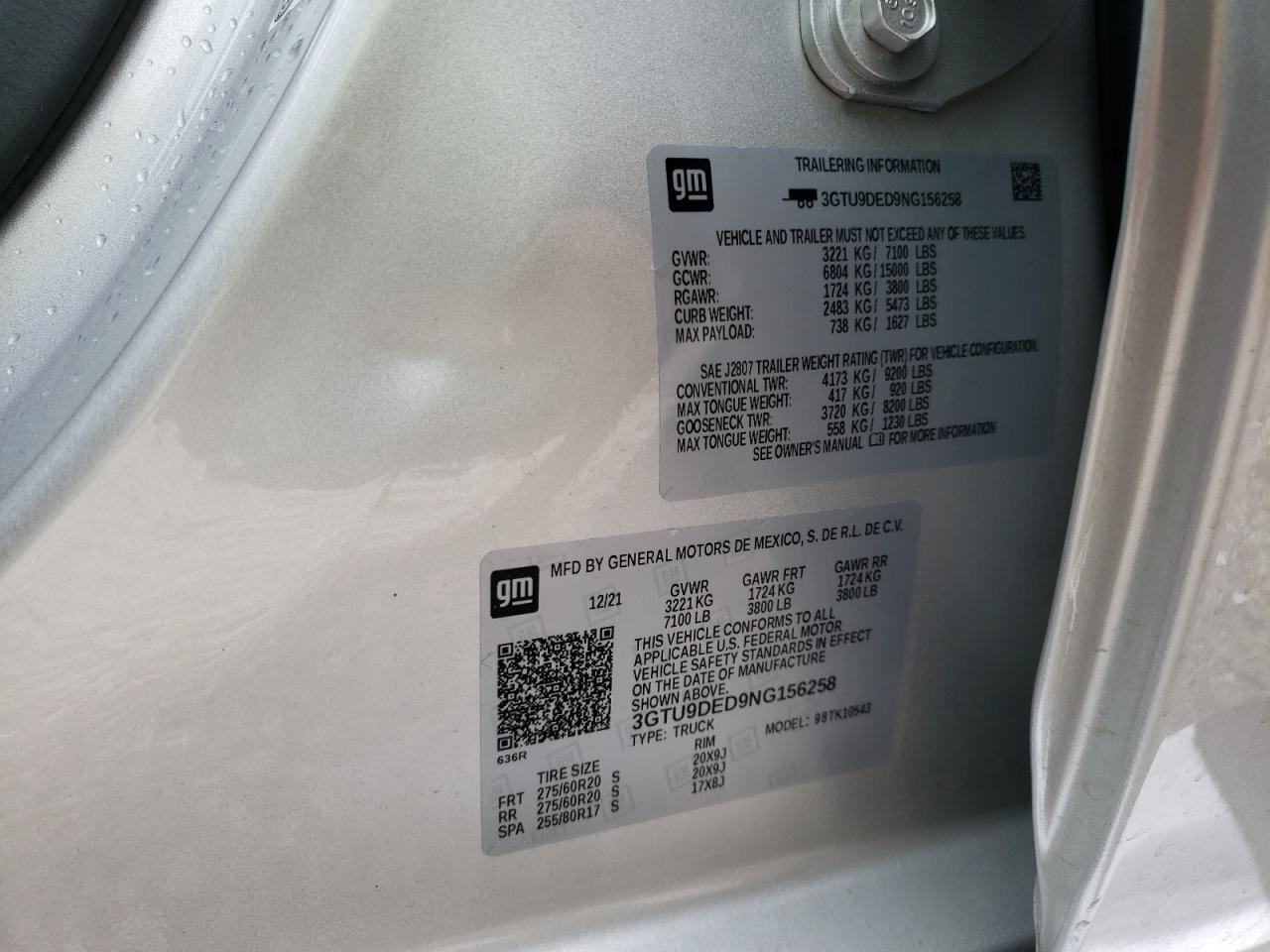 2022 GMC SIERRA LIMITED K1500 SLT VIN:3GTU9DED9NG156258