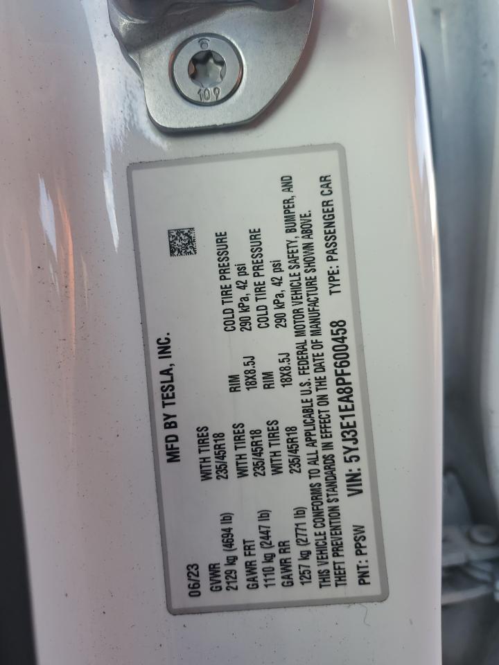 2023 TESLA MODEL 3  VIN:5YJ3E1EA8PF600458