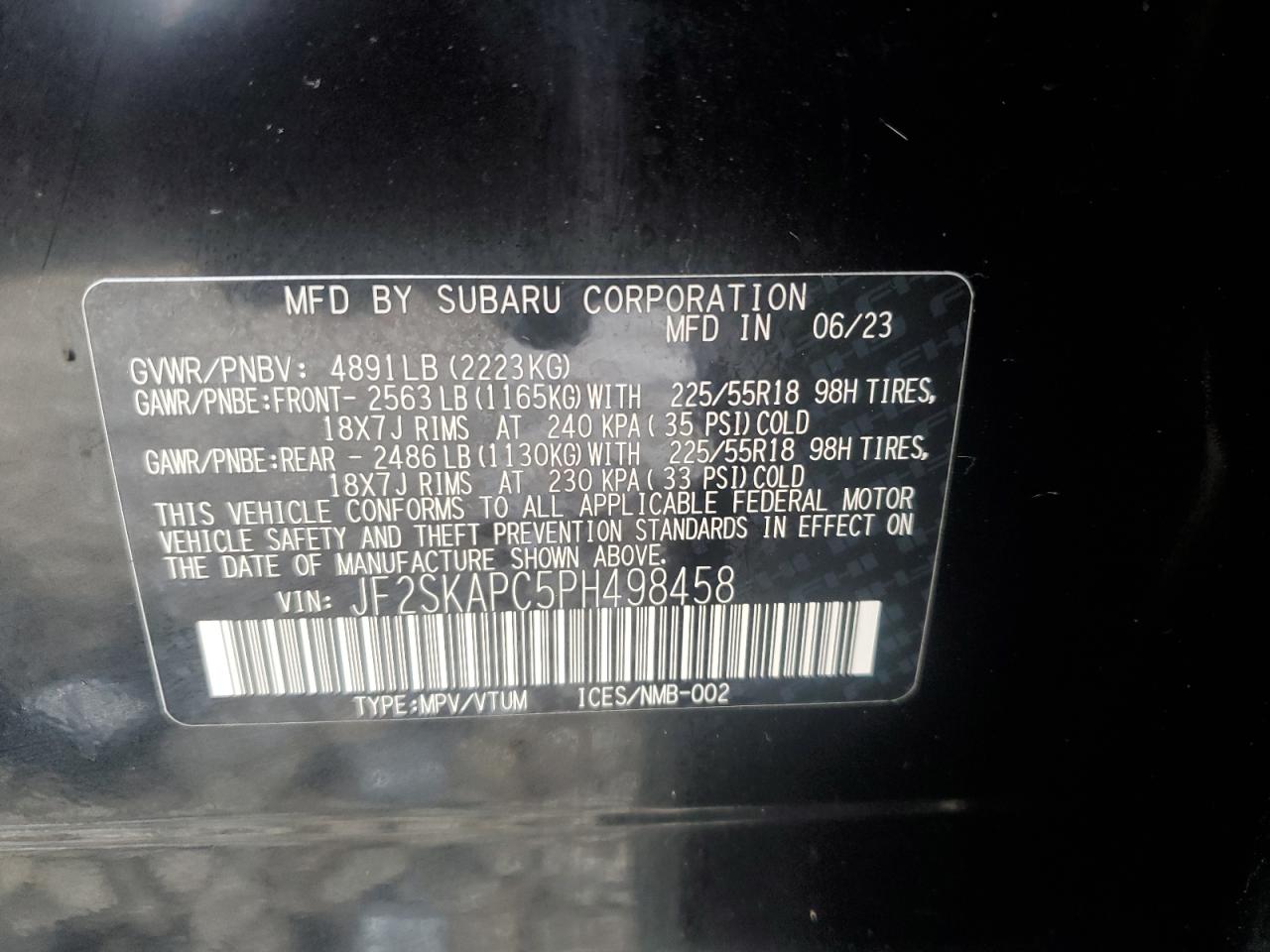 2023 SUBARU FORESTER LIMITED VIN:JF2SKAPC5PH498458