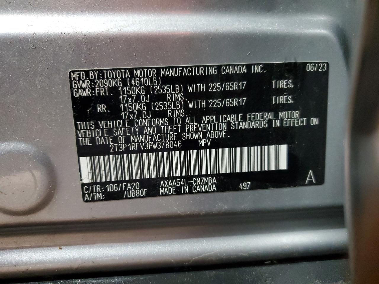 2023 TOYOTA RAV4 XLE VIN:2T3P1RFV3PW378046