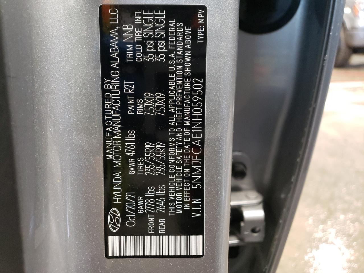 2022 HYUNDAI TUCSON SEL VIN:5NMJFCAE1NH059502