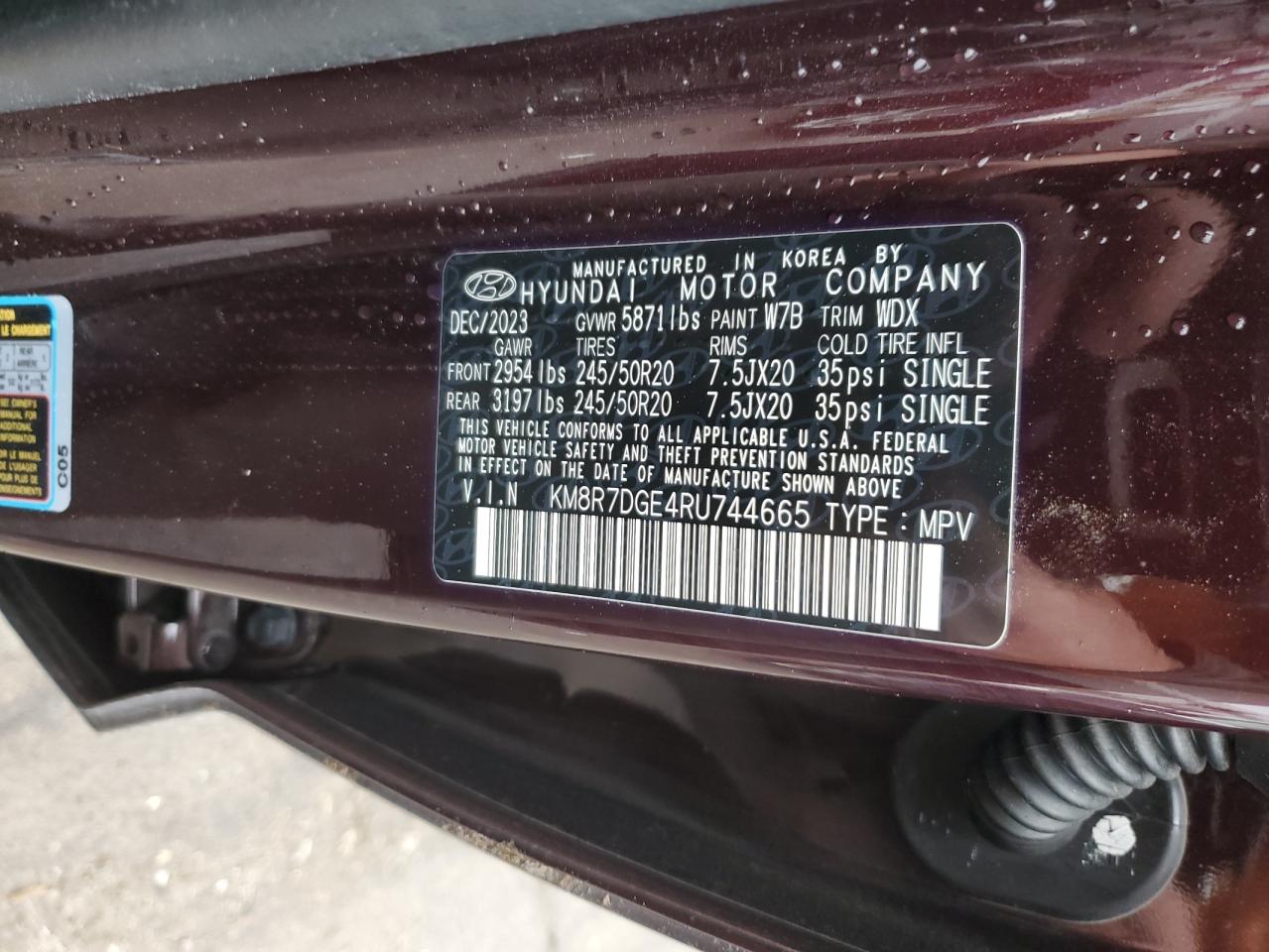 2024 HYUNDAI PALISADE CALLIGRAPHY VIN:KM8R7DGE4RU744665